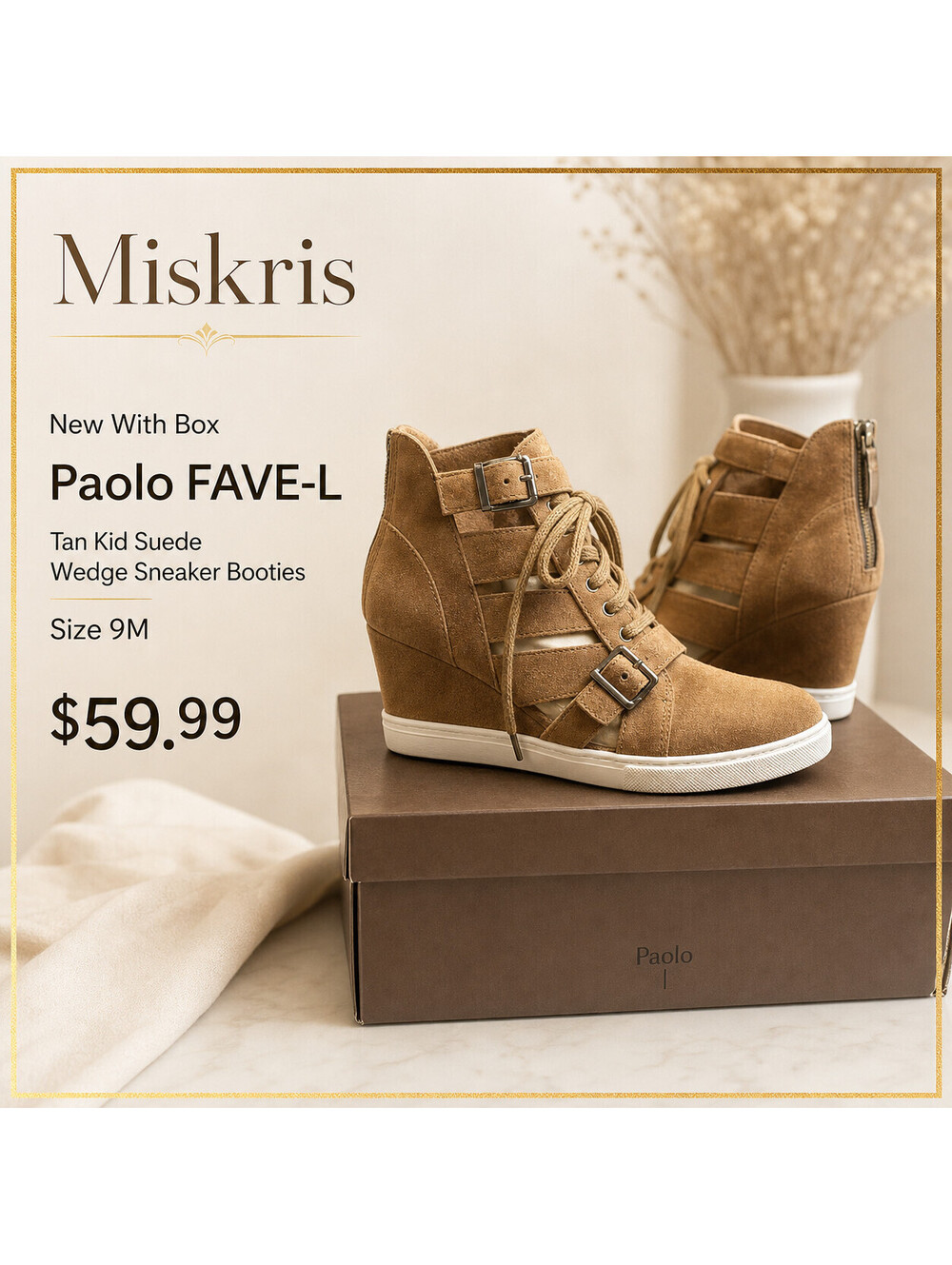 Paolo FAVE-L Tan Kid Suede Wedge Sneaker Booties Women’s Size 9M Buckle Lace Zip